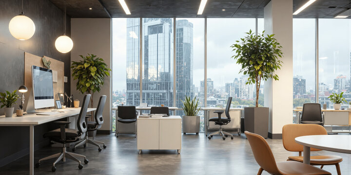 Contemporary coworking space with minimalistic desks, ergonomic chairs, and modular shelving. Task lighting over each desk ensures proper illumination, while