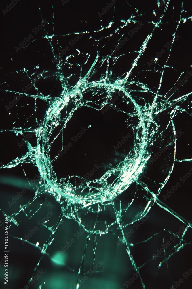 Poster shattered glass with a circular impact point creating a mesmerizing pattern of cracks on a dark back