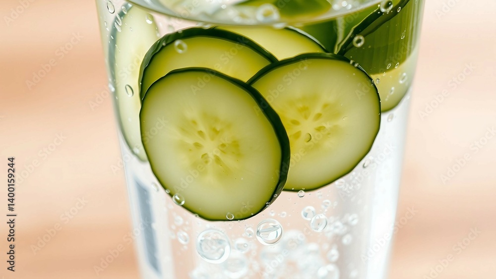 Poster fresh cucumber slices floating in a glass of water with bubbles