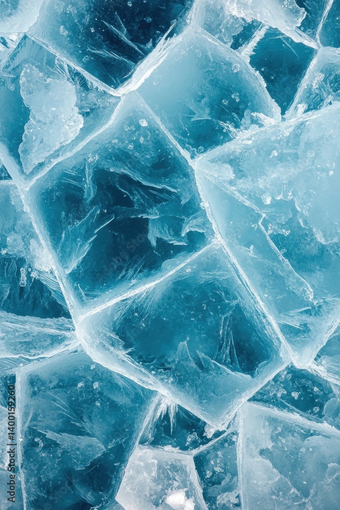 Poster captivating close up of frozen ice blocks showcasing intricate crystalline patterns and textures in 