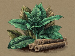 Tobacco leaves and cigars.  Detailed illustration of vibrant green tobacco leaves and rolled cigars