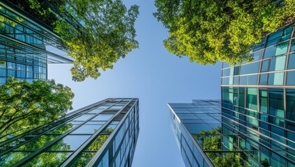 Modern skyscrapers framed by lush greenery against a clear sky.  Urban oasis, sustainable architecture, and urban landscape