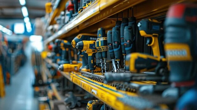 Hardware store aisle featuring a wide variety of cordless power tools for construction and renovation