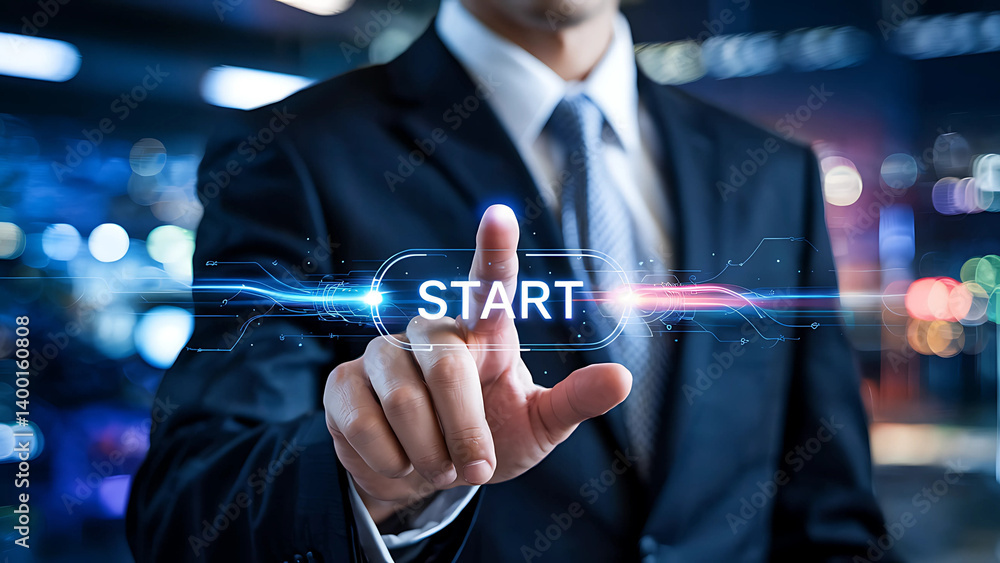 Poster businessman pressing virtual start button representing new beginning innovation technology launch an
