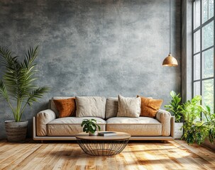 Stylish Modern Living Room with Cozy Sofa, Indoor Plants, and Natural Light in Contemporary Interior Design