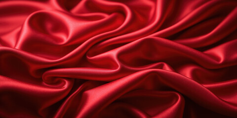 Fototapeta premium Crimson Red Satin Drapery with Dramatic Shadows A luxurious close-up of deep crimson satin fabric draped elegantly, with rich folds