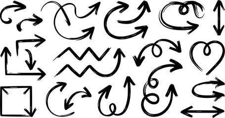 Collection Of Hand Drawn Arrows In Various Directions And Styles On White