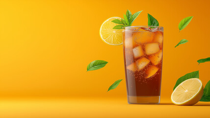 refreshing glass of iced tea with lemon slices and mint leaves against vibrant orange background, evoking sense of freshness and summer