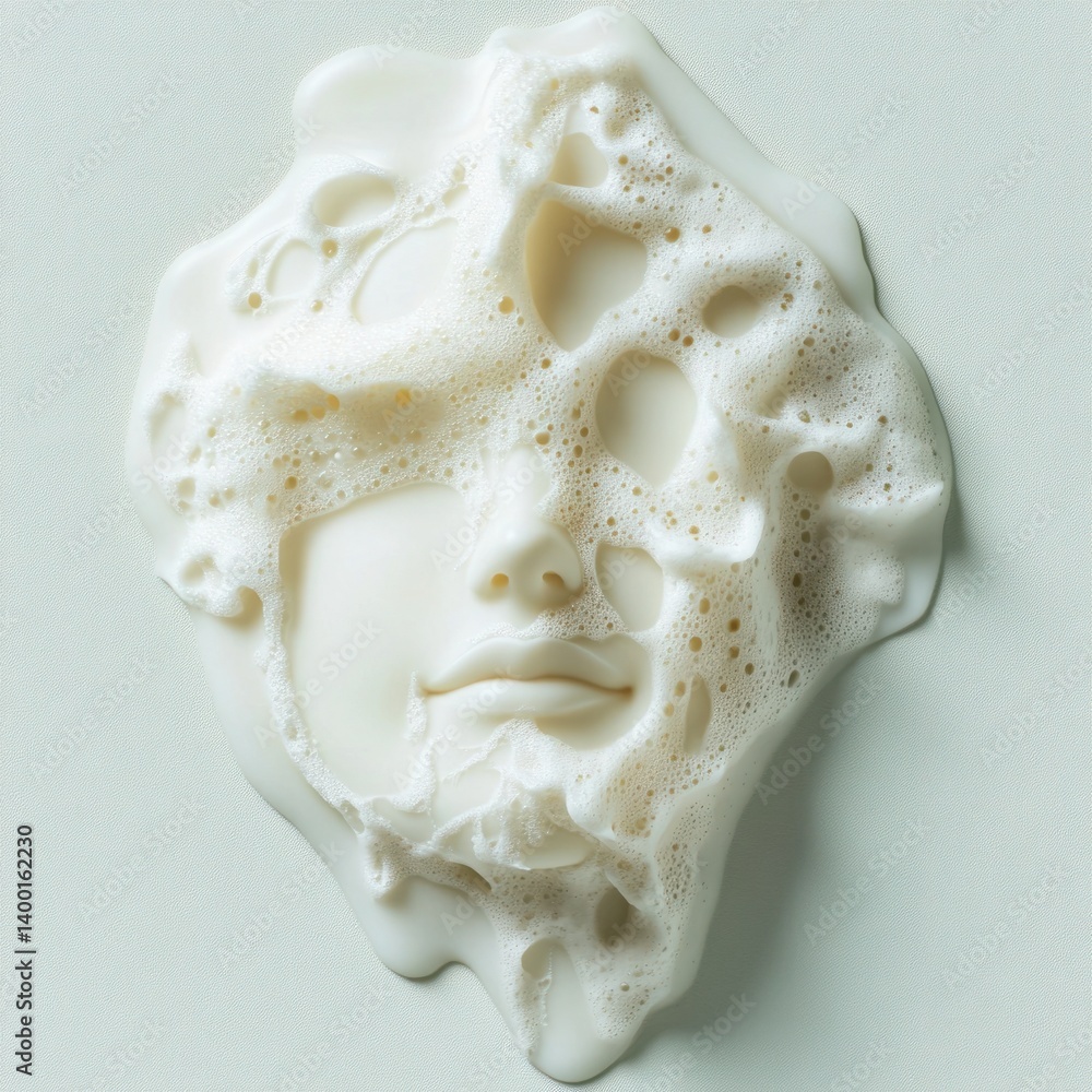 Poster abstract face created with white foam on a pastel background, blending artistic expression and surre
