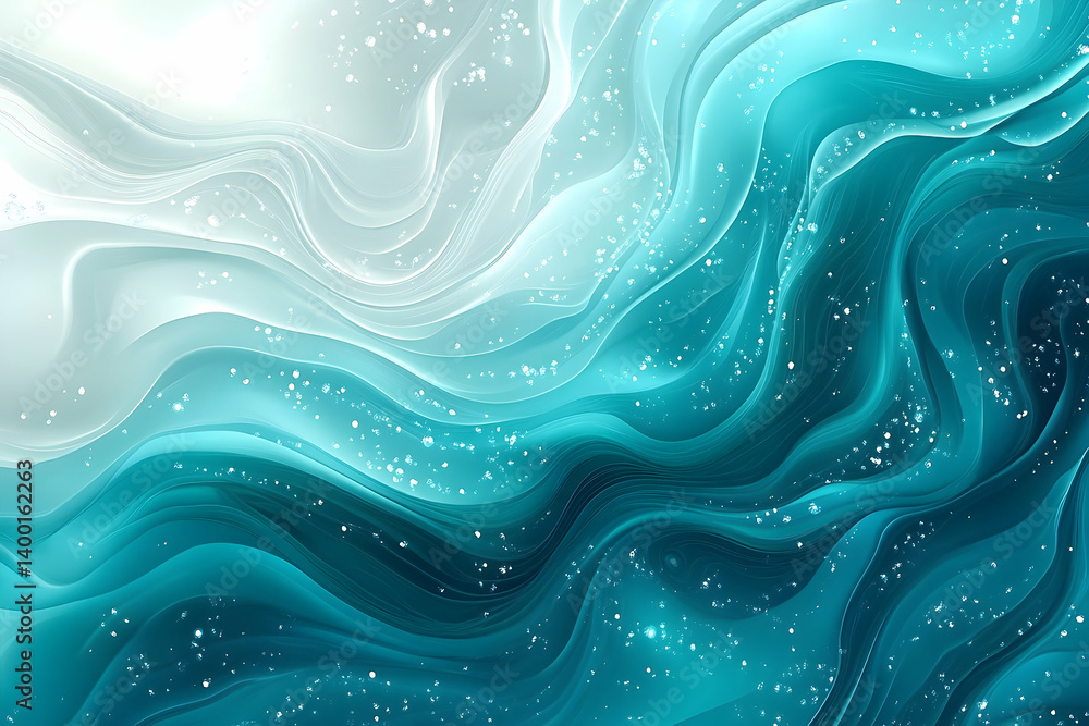 Poster a mesmerizing abstract design with flowing turquoise and white waves and sparkling particles.