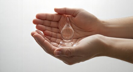 Hands holding a clear drop-shaped object against a white background  