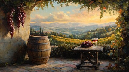 Classic oil painting of a Tuscan vineyard, a vintage wooden wine barrel resting near a grape-laden vine, a small terrace with an old wooden table set for wine tasting,