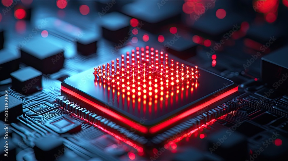 Poster a close-up view of a glowing red microchip on a dark circuit board, showcasing intricate details and