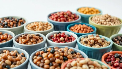 A Variety of dry Beans in Colorful Bowls isolated on transparent background