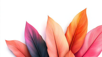 Fototapeta premium Colorful leaves with intricate details are arranged against white background, showcasing vibrant gradient of pink, orange, and red hues. design is elegant and visually striking