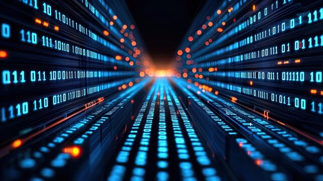 A digital abstract image showcasing binary code in blue, creating a sense of depth and motion, symbolizing data flow and technology.
