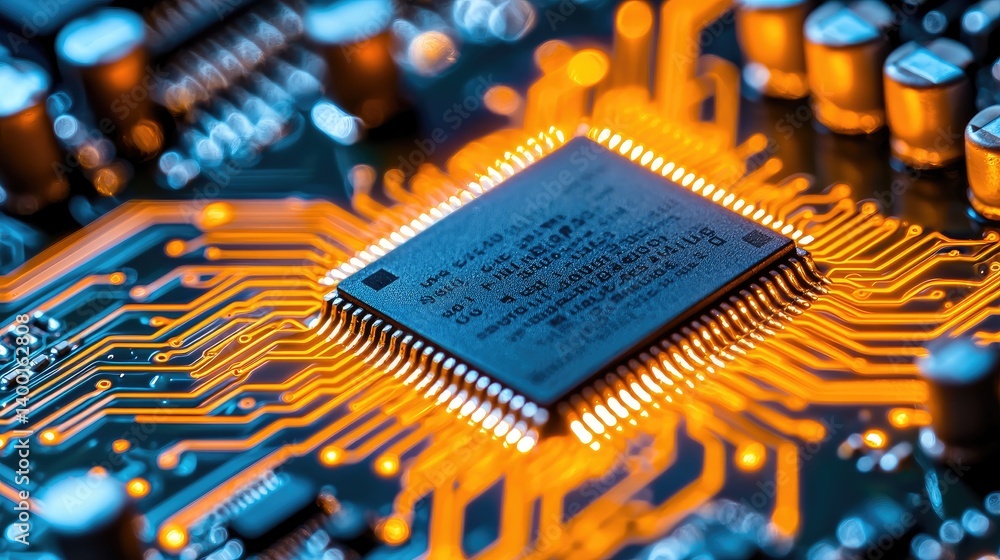 Poster a close-up view of a microchip on a circuit board, showcasing intricate connections and glowing oran