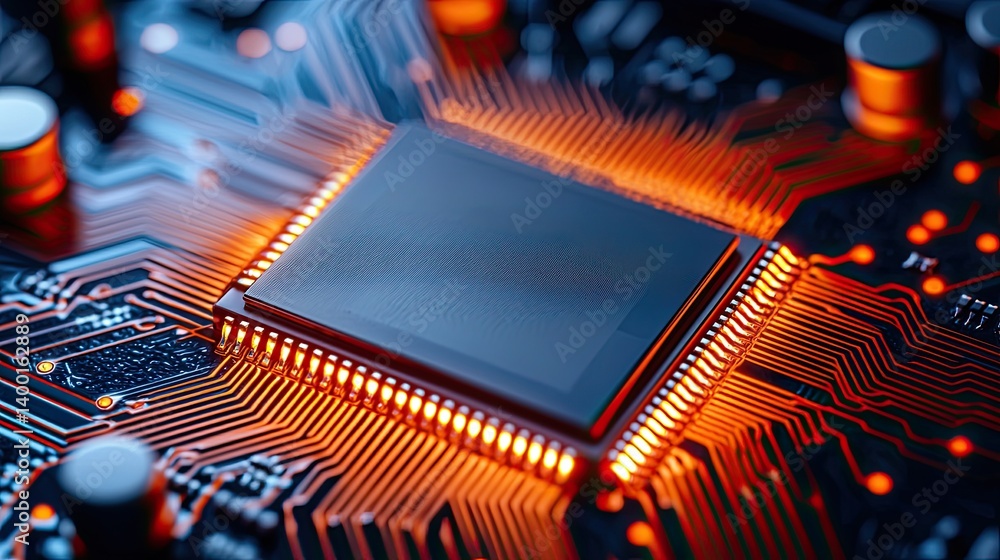 Poster a close-up view of a microchip on a circuit board, illuminated with vibrant orange lights, showcasin