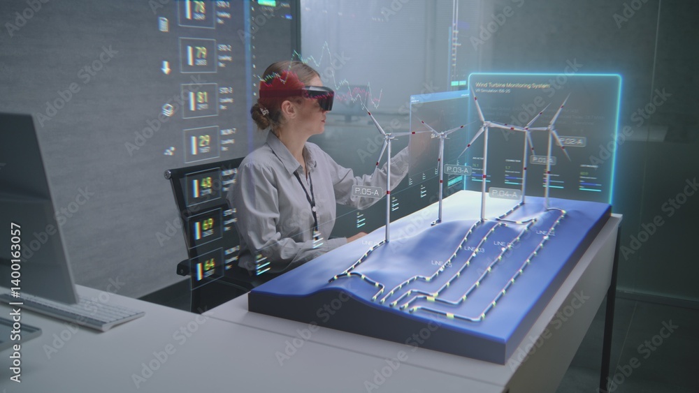 Poster advanced office: female professional wearing vr headset uses augmented reality 3d hologram to visual
