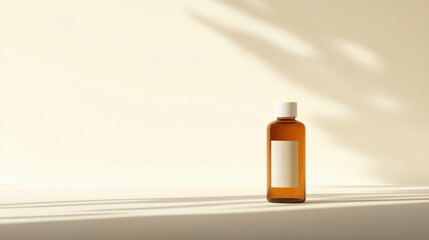 A clear glass bottle stands upright on a smooth light surface. The bottle features a blank label and is illuminated by natural light, creating soft shadows nearby. Name space