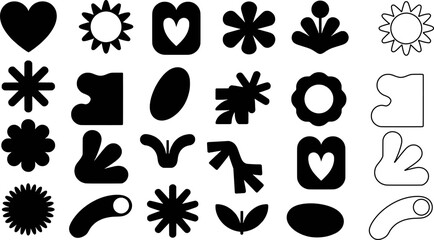 Set Of Various Black And White Minimalist Abstract Shapes And Floral Elements