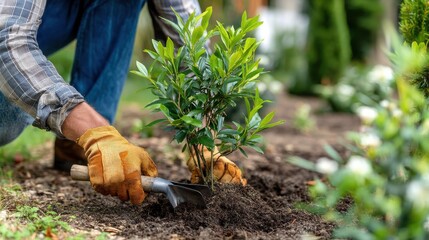 A gardener is focused on planting a young shrub in rich soil, wearing gloves and using a hand trowel. Surrounding greenery and blooming flowers enhance the serene atmosphere of the garden