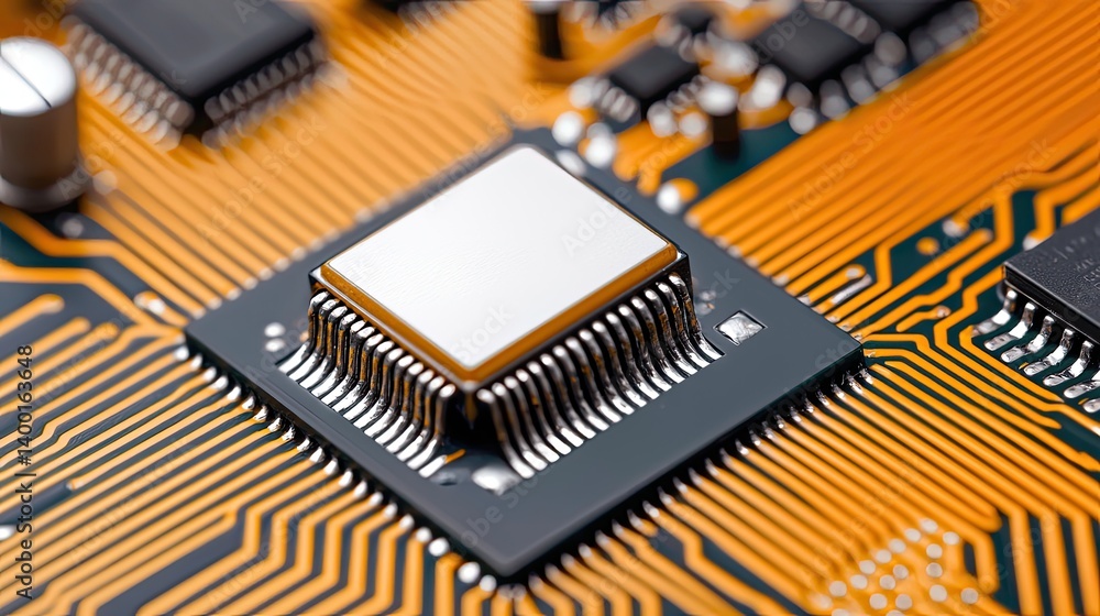 Poster a close-up view of a microprocessor on a circuit board, showcasing intricate connections and an oran