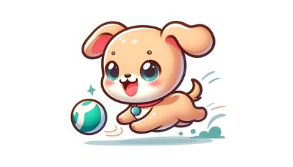 Obraz premium Cute Cartoon Baby Dog Chasing Ball - Vector Illustration 