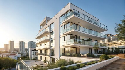 Modern White Apartment Building with Glass Balconies