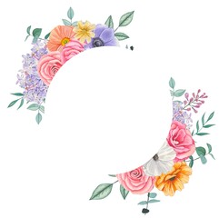 Round frame with spring flowers, lilac, poppies,roses. Watercolor illustration