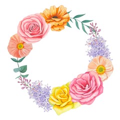 Wreath with spring flowers, lilac, poppies, roses. Watercolor illustration