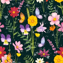 Floral seamless pattern with  meadow flowers on a dark background, watercolor