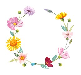 Wreath with meadow flowers. Watercolor illustration