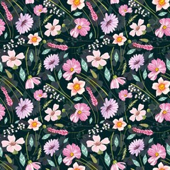 Floral seamless pattern with  meadow flowers on a dark background, watercolor