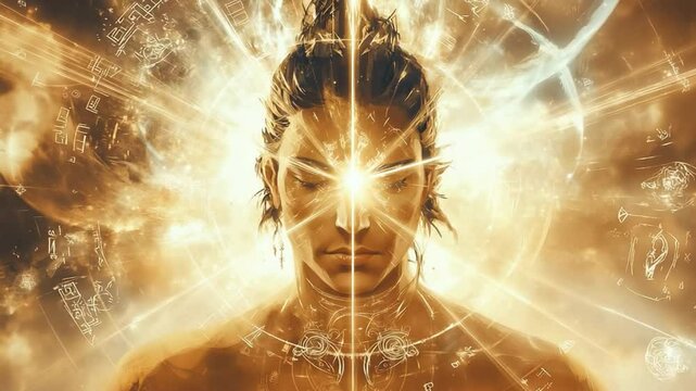 Man opening third eye with glowing light and symbols