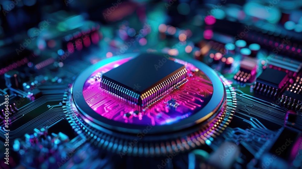 Poster a vibrant close-up of a circuit board featuring a central processor, illuminated by colorful lights,