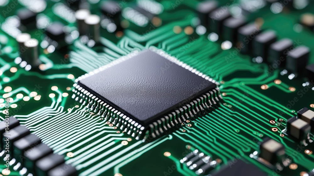 Poster a close-up view of a microchip on a circuit board, showcasing intricate connections and a modern tec
