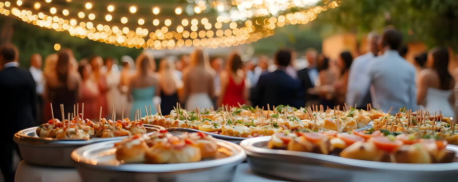 Close-up of gourmet appetizers served on silver trays at an outdoor wedding party, surrounded by lively guests under a canopy of string lights