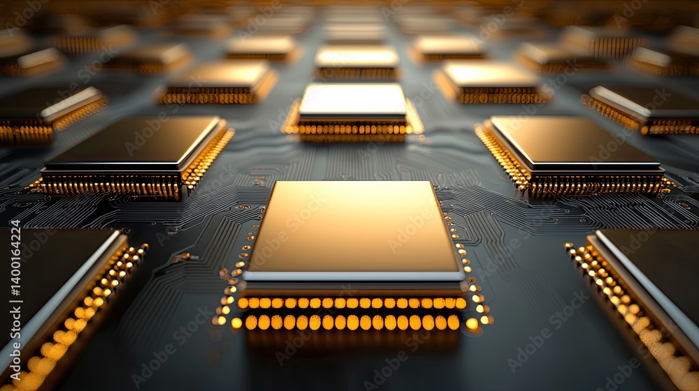Poster a close-up view of a circuit board featuring multiple gold-plated microchips, highlighting technolog