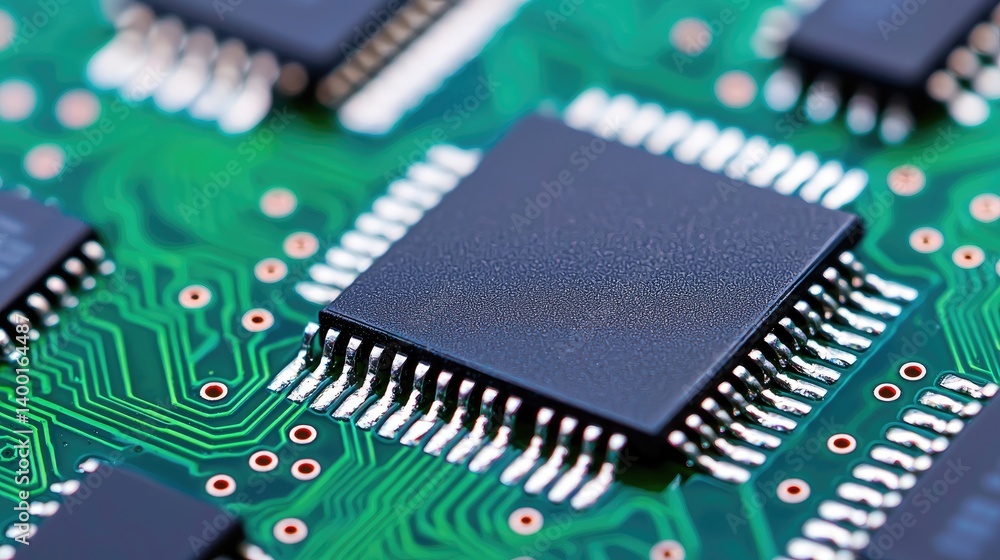 Poster a close-up of a microchip on a green circuit board, showcasing intricate pathways and connections ty