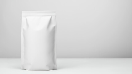 sleek, minimalist white packaging bag stands against plain background, ideal for modern product branding. clean design emphasizes simplicity and elegance, perfect for various goods