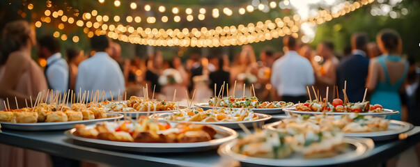 Close-up of gourmet appetizers served on silver trays at an outdoor wedding party, surrounded by lively guests under a canopy of string lights