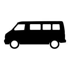 Simple black silhouette of a passenger van with windows and tires