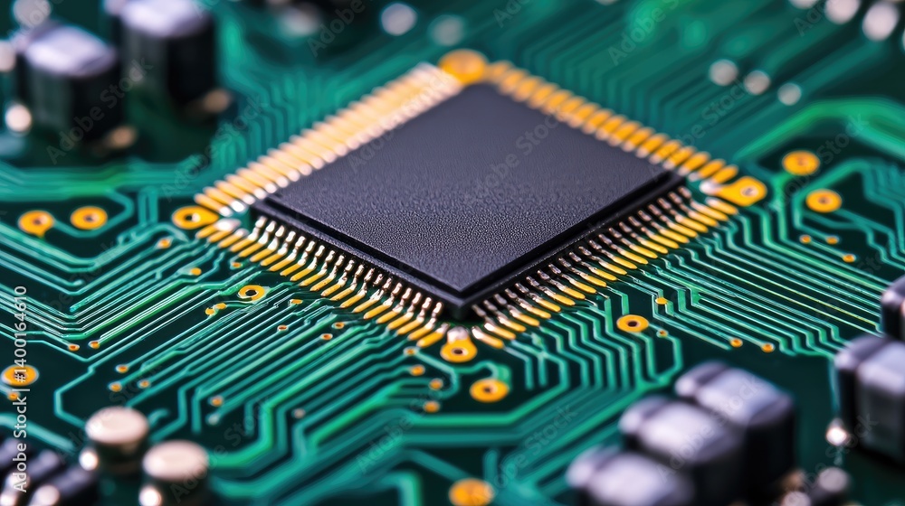 Poster a close-up of a microchip on a green circuit board, showcasing intricate circuitry and electronic co