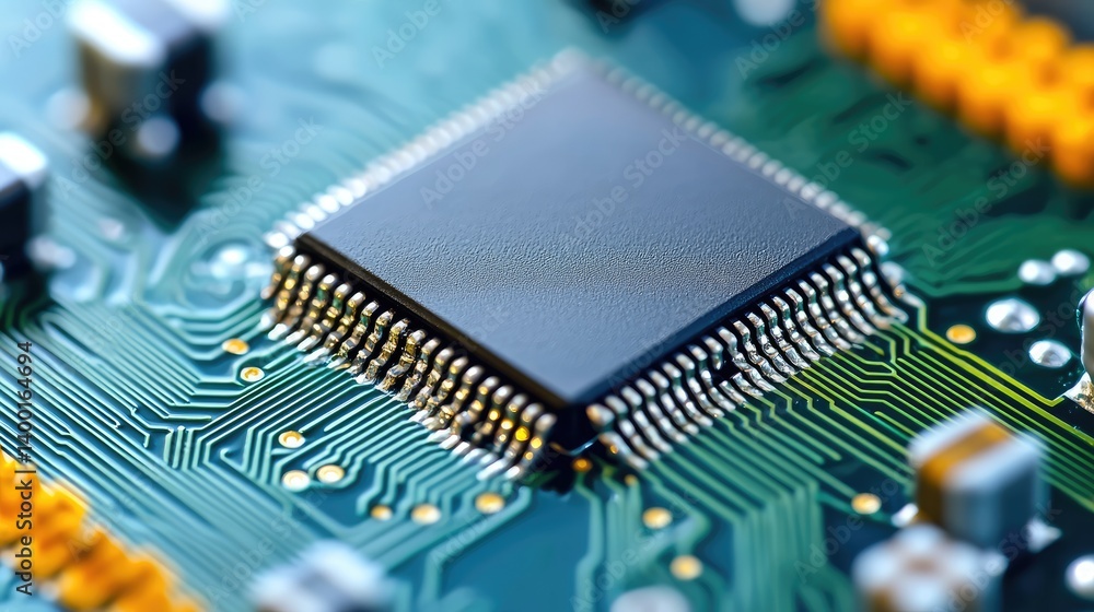 Poster a close-up view of a microchip on a circuit board, showcasing intricate details and connections esse