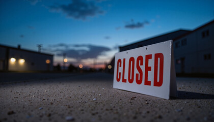 Closed sign at dusk in an industrial area  