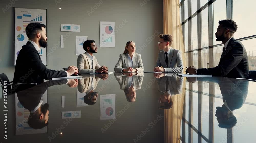 Poster four business people are sitting around a glass table in a conference room, discussing work related 