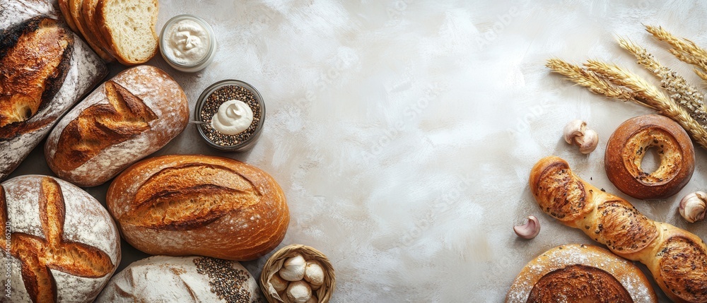 Poster rustic assortment of artisanal breads with garlic and wheat on a textured surface creating a warm in