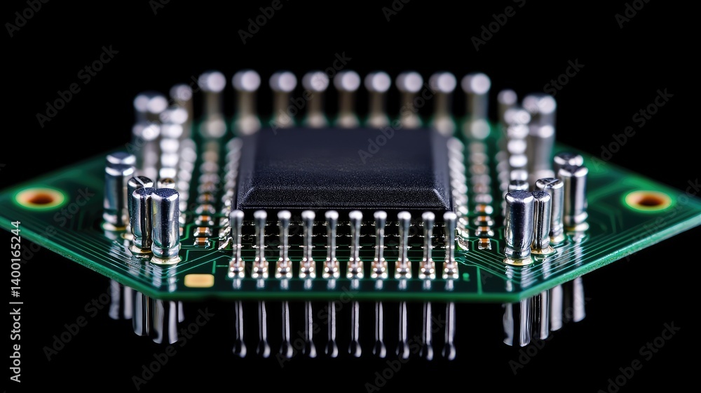 Poster a close-up view of a microchip on a green circuit board, showcasing its intricate design and reflect