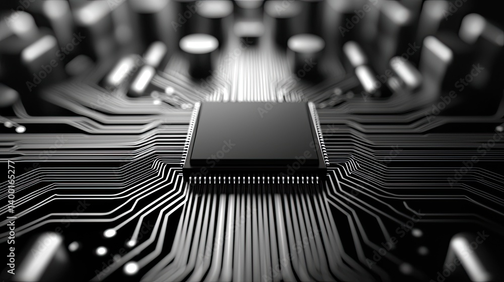 Poster a close-up image of a black microchip surrounded by intricate circuitry, highlighting technology and
